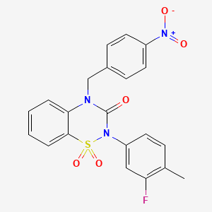 molecular formula C21H16FN3O5S B2654112 2-(3-fluoro-4-methylphenyl)-4-(4-nitrobenzyl)-2H-benzo[e][1,2,4]thiadiazin-3(4H)-one 1,1-dioxide CAS No. 900012-87-5