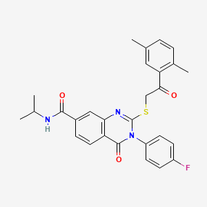 molecular formula C28H26FN3O3S B2654130 2-((2-(2,5-二甲苯基)-2-氧代乙基)硫代)-3-(4-氟苯基)-N-异丙基-4-氧代-3,4-二氢喹唑啉-7-甲酰胺 CAS No. 1113135-34-4