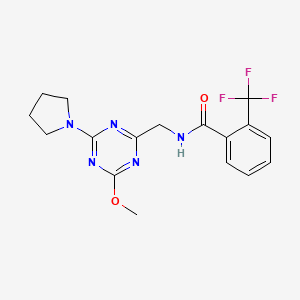 molecular formula C17H18F3N5O2 B2654145 N-((4-methoxy-6-(pyrrolidin-1-yl)-1,3,5-triazin-2-yl)methyl)-2-(trifluoromethyl)benzamide CAS No. 2034516-19-1
