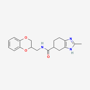 molecular formula C18H21N3O3 B2654148 N-((2,3-dihydrobenzo[b][1,4]dioxin-2-yl)methyl)-2-methyl-4,5,6,7-tetrahydro-1H-benzo[d]imidazole-5-carboxamide CAS No. 2034576-91-3