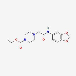 molecular formula C16H21N3O5 B2654165 Ethyl 4-((N-benzo[3,4-D]1,3-dioxolen-5-ylcarbamoyl)methyl)piperazinecarboxylate CAS No. 491867-84-6