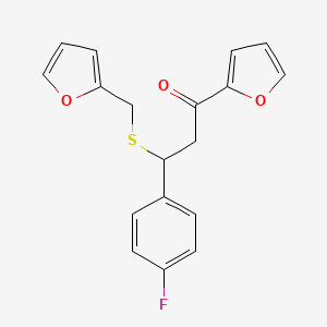 molecular formula C18H15FO3S B2654234 3-(4-Fluorophenyl)-1-(furan-2-yl)-3-((furan-2-ylmethyl)thio)propan-1-one CAS No. 305372-86-5