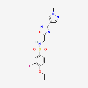 molecular formula C15H16FN5O4S B2654268 4-ethoxy-3-fluoro-N-((3-(1-methyl-1H-pyrazol-4-yl)-1,2,4-oxadiazol-5-yl)methyl)benzenesulfonamide CAS No. 2034386-02-0