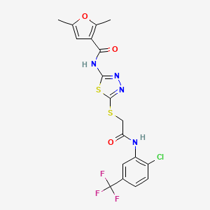 molecular formula C18H14ClF3N4O3S2 B2654271 N-(5-((2-((2-chloro-5-(trifluoromethyl)phenyl)amino)-2-oxoethyl)thio)-1,3,4-thiadiazol-2-yl)-2,5-dimethylfuran-3-carboxamide CAS No. 1351618-85-3