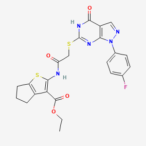 molecular formula C23H20FN5O4S2 B2654292 ethyl 2-(2-((1-(4-fluorophenyl)-4-oxo-4,5-dihydro-1H-pyrazolo[3,4-d]pyrimidin-6-yl)thio)acetamido)-5,6-dihydro-4H-cyclopenta[b]thiophene-3-carboxylate CAS No. 534593-80-1