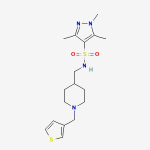 molecular formula C17H26N4O2S2 B2654314 1,3,5-trimethyl-N-((1-(thiophen-3-ylmethyl)piperidin-4-yl)methyl)-1H-pyrazole-4-sulfonamide CAS No. 1448125-22-1