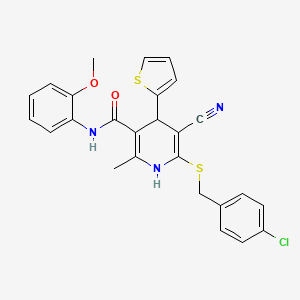 molecular formula C26H22ClN3O2S2 B2654329 6-[(4-chlorophenyl)methylsulfanyl]-5-cyano-N-(2-methoxyphenyl)-2-methyl-4-thiophen-2-yl-1,4-dihydropyridine-3-carboxamide CAS No. 442556-71-0