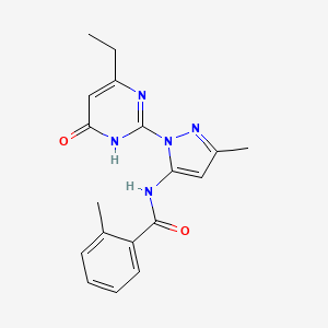 molecular formula C18H19N5O2 B2654347 N-(1-(4-ethyl-6-oxo-1,6-dihydropyrimidin-2-yl)-3-methyl-1H-pyrazol-5-yl)-2-methylbenzamide CAS No. 1002483-77-3