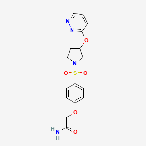 molecular formula C16H18N4O5S B2654425 2-(4-((3-(Pyridazin-3-yloxy)pyrrolidin-1-yl)sulfonyl)phenoxy)acetamide CAS No. 2034481-70-2