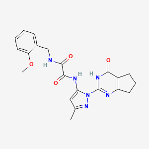 molecular formula C21H22N6O4 B2654452 N1-(2-methoxybenzyl)-N2-(3-methyl-1-(4-oxo-4,5,6,7-tetrahydro-3H-cyclopenta[d]pyrimidin-2-yl)-1H-pyrazol-5-yl)oxalamide CAS No. 1014047-82-5