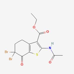 molecular formula C13H13Br2NO4S B2654515 Ethyl 2-(acetylamino)-6,6-dibromo-7-oxo-4,5,6,7-tetrahydro-1-benzothiophene-3-carboxylate CAS No. 113407-90-2