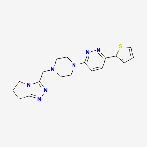molecular formula C18H21N7S B2654534 3-[[4-(6-Thiophen-2-ylpyridazin-3-yl)piperazin-1-yl]methyl]-6,7-dihydro-5H-pyrrolo[2,1-c][1,2,4]triazole CAS No. 2415452-28-5