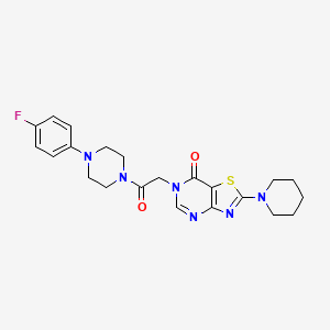 molecular formula C22H25FN6O2S B2654548 6-(2-(4-(4-fluorophenyl)piperazin-1-yl)-2-oxoethyl)-2-(piperidin-1-yl)thiazolo[4,5-d]pyrimidin-7(6H)-one CAS No. 1223861-95-7