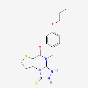 molecular formula C17H16N4O2S2 B2654581 8-[(4-Propoxyphenyl)methyl]-12-sulfanylidene-5-thia-1,8,10,11-tetraazatricyclo[7.3.0.0^{2,6}]dodeca-2(6),3,9-trien-7-one CAS No. 1031578-22-9