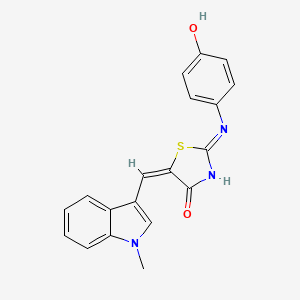 molecular formula C19H15N3O2S B2654618 (2Z,5E)-2-((4-羟基苯基)亚氨基)-5-((1-甲基-1H-吲哚-3-基)亚甲基)噻唑烷-4-酮 CAS No. 713128-42-8