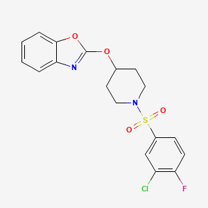 molecular formula C18H16ClFN2O4S B2654633 2-((1-((3-Chloro-4-fluorophenyl)sulfonyl)piperidin-4-yl)oxy)benzo[d]oxazole CAS No. 2034448-01-4