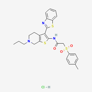 molecular formula C26H28ClN3O3S3 B2654660 N-(3-(benzo[d]thiazol-2-yl)-6-propyl-4,5,6,7-tetrahydrothieno[2,3-c]pyridin-2-yl)-2-tosylacetamide hydrochloride CAS No. 1396878-06-0