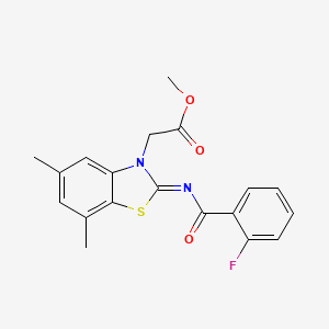 molecular formula C19H17FN2O3S B2654711 Methyl 2-[2-(2-fluorobenzoyl)imino-5,7-dimethyl-1,3-benzothiazol-3-yl]acetate CAS No. 1321790-41-3