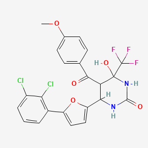 molecular formula C23H17Cl2F3N2O5 B2654742 6-[5-(2,3-Dichlorophenyl)furan-2-yl]-4-hydroxy-5-(4-methoxybenzoyl)-4-(trifluoromethyl)-1,3-diazinan-2-one CAS No. 1005066-28-3