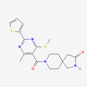 molecular formula C19H22N4O2S2 B2654776 8-[4-Methyl-6-(methylsulfanyl)-2-(thiophen-2-yl)pyrimidine-5-carbonyl]-2,8-diazaspiro[4.5]decan-3-one CAS No. 1376042-72-6