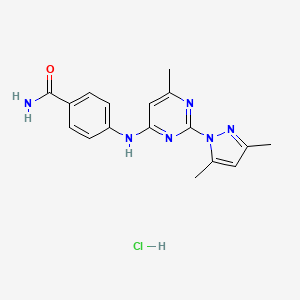 molecular formula C17H19ClN6O B2654798 4-((2-(3,5-dimethyl-1H-pyrazol-1-yl)-6-methylpyrimidin-4-yl)amino)benzamide hydrochloride CAS No. 1331260-12-8