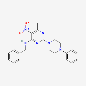 molecular formula C22H24N6O2 B2654861 N-苄基-6-甲基-5-硝基-2-(4-苯基哌嗪-1-基)嘧啶-4-胺 CAS No. 1211602-37-7