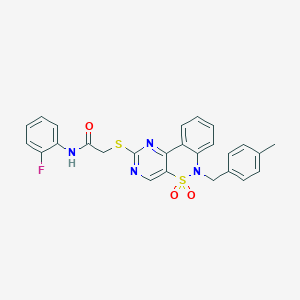 molecular formula C26H21FN4O3S2 B2654863 N-(2-fluorophenyl)-2-{[6-(4-methylbenzyl)-5,5-dioxido-6H-pyrimido[5,4-c][2,1]benzothiazin-2-yl]thio}acetamide CAS No. 1115311-80-2
