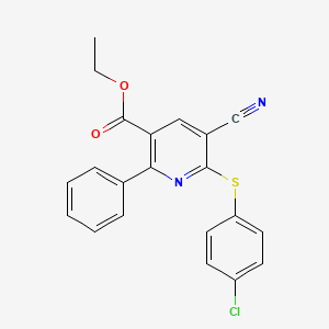 Ethyl 6-((4-chlorophenyl)sulfanyl)-5-cyano-2-phenylnicotinate