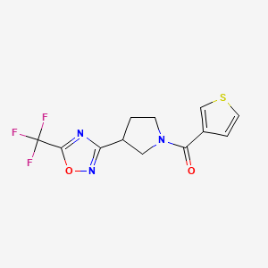 molecular formula C12H10F3N3O2S B2654989 Thiophen-3-yl(3-(5-(trifluoromethyl)-1,2,4-oxadiazol-3-yl)pyrrolidin-1-yl)methanone CAS No. 2034371-73-6