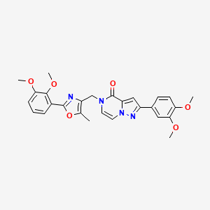 molecular formula C27H26N4O6 B2655026 2-(3,4-dimethoxyphenyl)-5-((2-(2,3-dimethoxyphenyl)-5-methyloxazol-4-yl)methyl)pyrazolo[1,5-a]pyrazin-4(5H)-one CAS No. 1286574-29-5