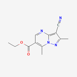molecular formula C12H12N4O2 B2655074 Ethyl 3-cyano-2,7-dimethylpyrazolo[1,5-a]pyrimidine-6-carboxylate CAS No. 309938-93-0