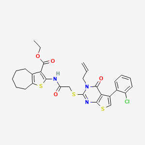 molecular formula C29H28ClN3O4S3 B2655096 ethyl 2-[[2-[5-(2-chlorophenyl)-4-oxo-3-prop-2-enylthieno[2,3-d]pyrimidin-2-yl]sulfanylacetyl]amino]-5,6,7,8-tetrahydro-4H-cyclohepta[b]thiophene-3-carboxylate CAS No. 690644-61-2
