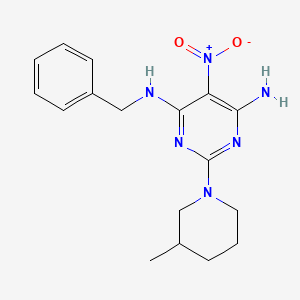 molecular formula C17H22N6O2 B2655109 [6-Amino-2-(3-methylpiperidyl)-5-nitropyrimidin-4-yl]benzylamine CAS No. 585563-56-0