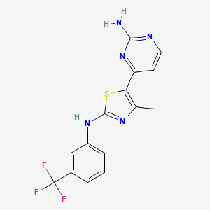 molecular formula C15H12F3N5S B2655136 4-{4-Methyl-2-[3-(trifluoromethyl)anilino]-1,3-thiazol-5-yl}-2-pyrimidinamine CAS No. 1210258-30-2