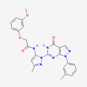 molecular formula C25H23N7O4 B2655146 2-(3-methoxyphenoxy)-N-(3-methyl-1-(4-oxo-1-(m-tolyl)-4,5-dihydro-1H-pyrazolo[3,4-d]pyrimidin-6-yl)-1H-pyrazol-5-yl)acetamide CAS No. 1172718-04-5