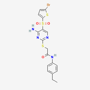 molecular formula C18H17BrN4O3S3 B2655188 2-((4-amino-5-((5-bromothiophen-2-yl)sulfonyl)pyrimidin-2-yl)thio)-N-(4-ethylphenyl)acetamide CAS No. 1223905-71-2