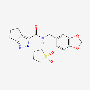 molecular formula C19H21N3O5S B2655217 N-(benzo[d][1,3]dioxol-5-ylmethyl)-2-(1,1-dioxidotetrahydrothiophen-3-yl)-2,4,5,6-tetrahydrocyclopenta[c]pyrazole-3-carboxamide CAS No. 1040666-00-9