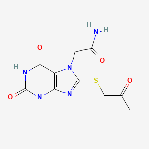 molecular formula C11H13N5O4S B2655261 2-(3-甲基-2,6-二氧代-8-((2-氧代丙基)硫代)-2,3-二氢-1H-嘌呤-7(6H)-基)乙酰胺 CAS No. 361471-52-5