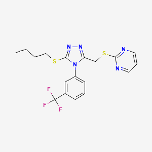 molecular formula C18H18F3N5S2 B2655314 2-[[5-Butylsulfanyl-4-[3-(trifluoromethyl)phenyl]-1,2,4-triazol-3-yl]methylsulfanyl]pyrimidine CAS No. 868221-90-3