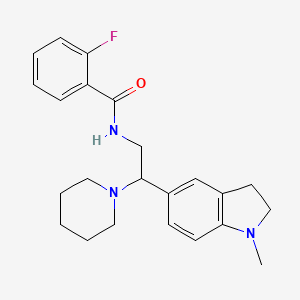molecular formula C23H28FN3O B2655359 2-氟-N-(2-(1-甲基吲哚啉-5-基)-2-(哌啶-1-基)乙基)苯甲酰胺 CAS No. 922558-40-5