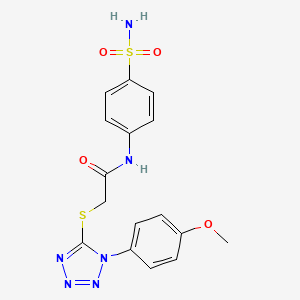 molecular formula C16H16N6O4S2 B2655527 2-((1-(4-甲氧基苯基)-1H-四唑-5-硫基)硫)-N-(4-磺酰氨基苯基)乙酰胺 CAS No. 836666-38-7
