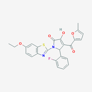 molecular formula C25H19FN2O5S B265554 1-(6-ethoxy-1,3-benzothiazol-2-yl)-5-(2-fluorophenyl)-3-hydroxy-4-(5-methyl-2-furoyl)-1,5-dihydro-2H-pyrrol-2-one 