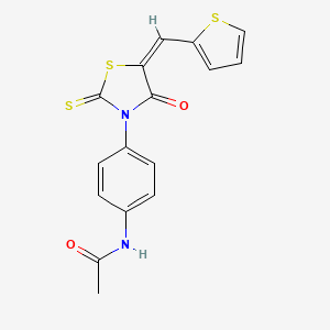 molecular formula C16H12N2O2S3 B2655544 (E)-N-(4-(4-oxo-5-(thiophen-2-ylmethylene)-2-thioxothiazolidin-3-yl)phenyl)acetamide CAS No. 868147-24-4