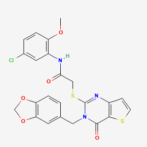 molecular formula C23H18ClN3O5S2 B2655587 2-((3-(benzo[d][1,3]dioxol-5-ylmethyl)-4-oxo-3,4-dihydrothieno[3,2-d]pyrimidin-2-yl)thio)-N-(5-chloro-2-methoxyphenyl)acetamide CAS No. 1788590-01-1