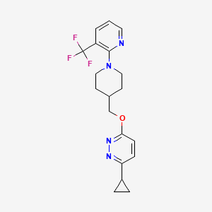 molecular formula C19H21F3N4O B2655597 3-Cyclopropyl-6-[[1-[3-(trifluoromethyl)pyridin-2-yl]piperidin-4-yl]methoxy]pyridazine CAS No. 2309186-98-7