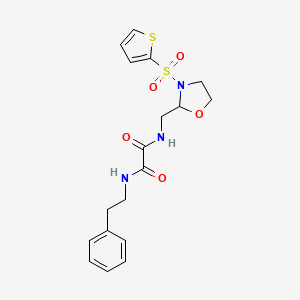 molecular formula C18H21N3O5S2 B2655726 N1-phenethyl-N2-((3-(thiophen-2-ylsulfonyl)oxazolidin-2-yl)methyl)oxalamide CAS No. 874804-87-2