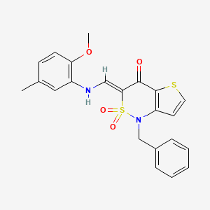 molecular formula C22H20N2O4S2 B2655730 (3Z)-1-benzyl-3-{[(2-methoxy-5-methylphenyl)amino]methylene}-1H-thieno[3,2-c][1,2]thiazin-4(3H)-one 2,2-dioxide CAS No. 894672-66-3