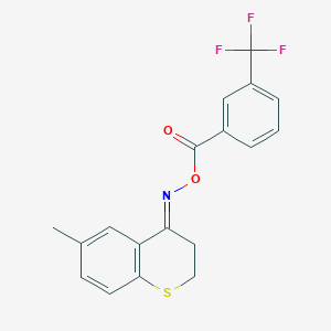 molecular formula C18H14F3NO2S B2655853 6-Methyl-4-({[3-(trifluoromethyl)benzoyl]oxy}imino)thiochromane CAS No. 383145-45-7