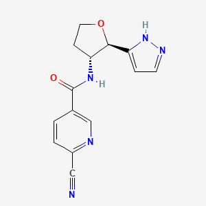 molecular formula C14H13N5O2 B2655867 6-Cyano-N-[(2R,3R)-2-(1H-pyrazol-5-yl)oxolan-3-yl]pyridine-3-carboxamide CAS No. 2190196-13-3