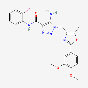 molecular formula C22H21FN6O4 B2655894 5-amino-1-{[2-(3,4-dimethoxyphenyl)-5-methyl-1,3-oxazol-4-yl]methyl}-N-(2-fluorophenyl)-1H-1,2,3-triazole-4-carboxamide CAS No. 1112433-82-5